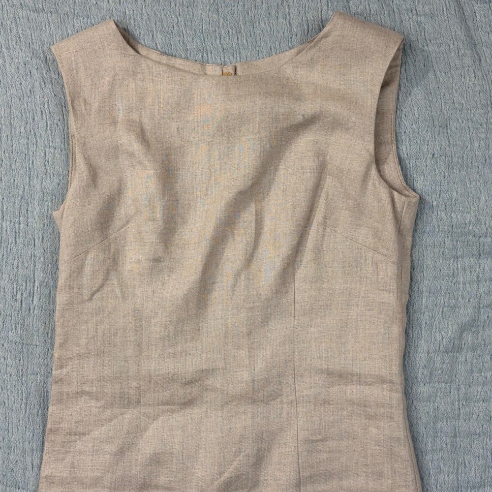 Elegant Linen‎ Blend Sleeveless Sheath Dress Pearl Trim Office Career - Picture 3 of 12